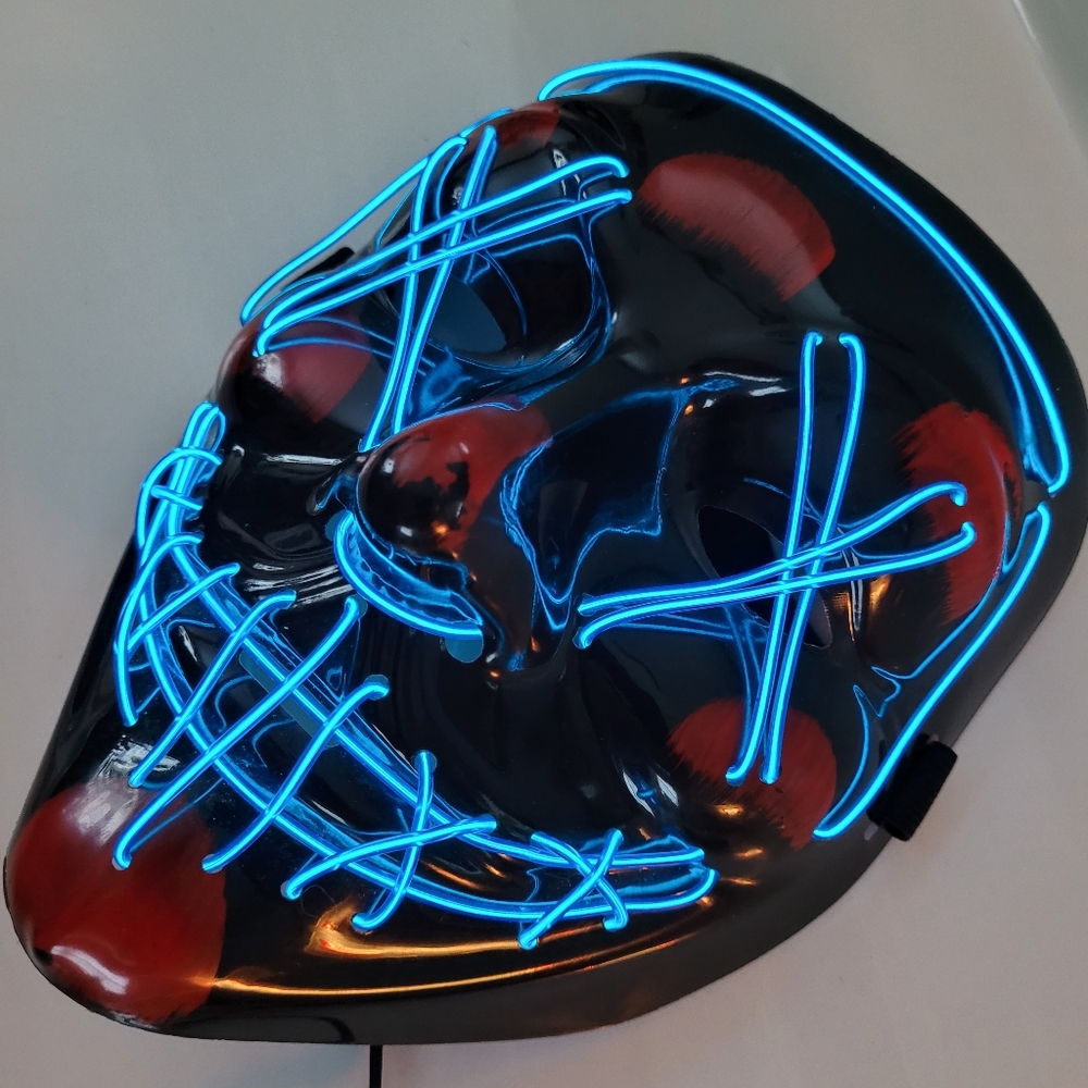 Neon Blue Stitches Light-up Plastic Mask Horror, Rave, Festival, Cosplay, Etc.